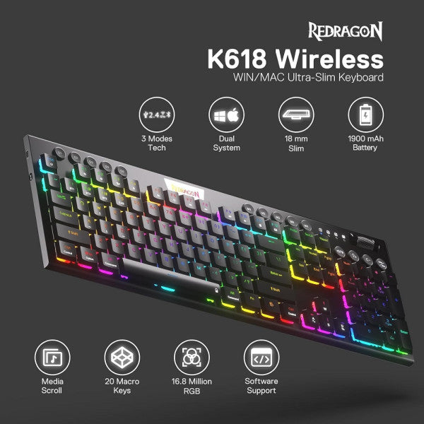 Redragon K618 PRO Wireless Low Profile Red Switches
