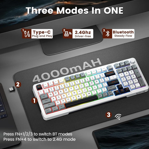 Redragon K688 Pro Wireless Mechanical Keyboard (White/Gray/Black)