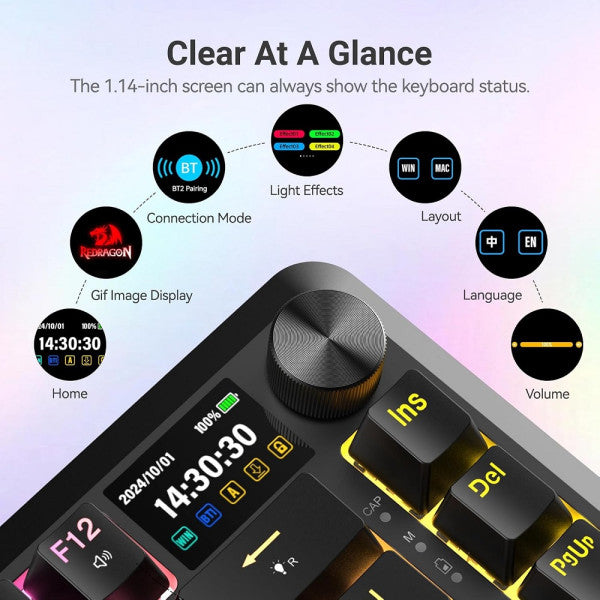 Redragon K708 Pro LCD Wireless Mechanical Keyboard (Black)